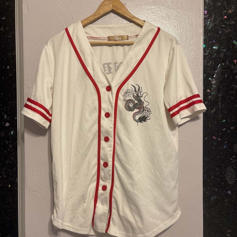 Cult Favorite White Dragon Embroidered Baseball Jersey Top Red Trim Size M